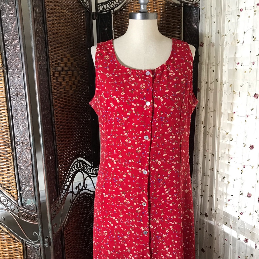 Vintage! Sleeveless Red Floral Button-Front Midi Dress